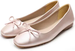 SAILING LU Women PU Leather Square Toe Ballets Flats Bowtie Slip on Comfortable Foldable Ballerian Flat Shoes