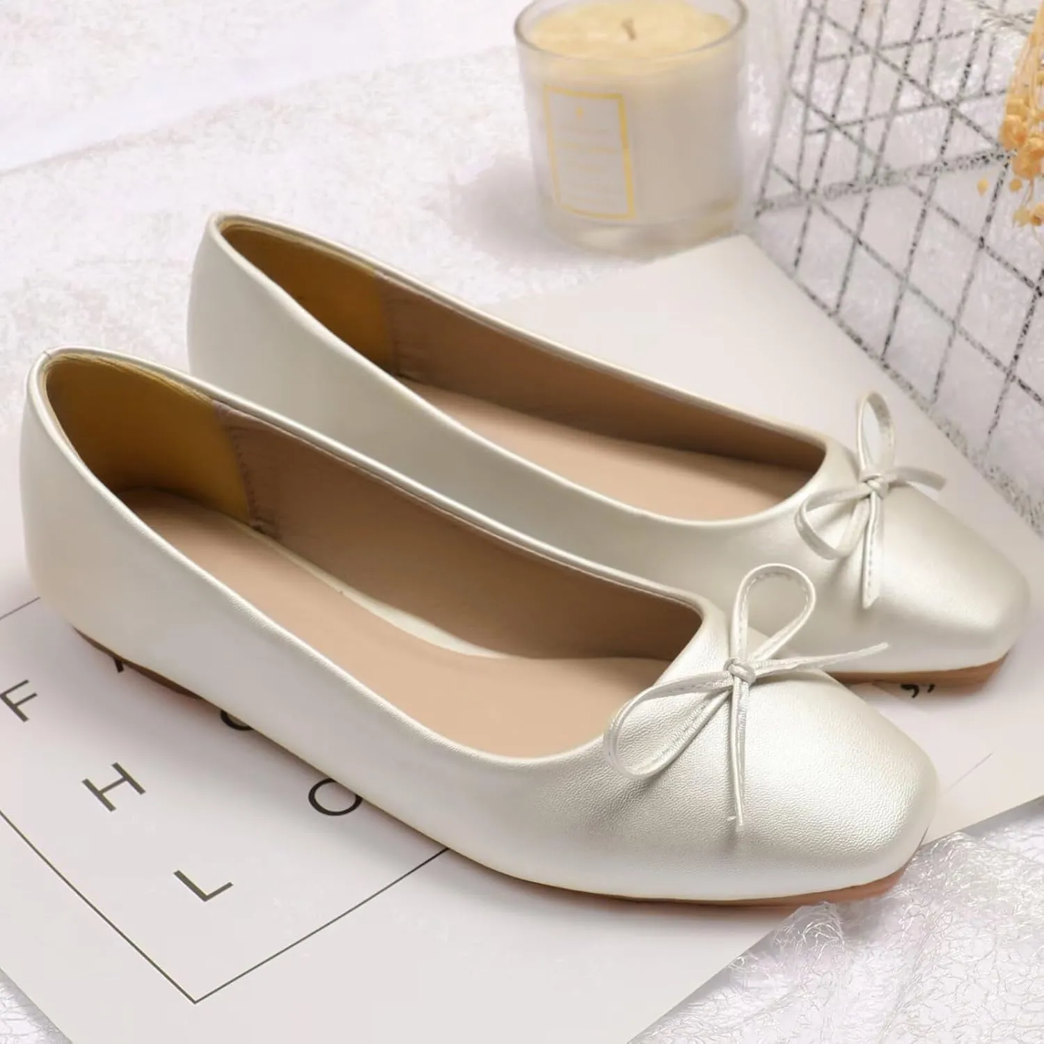 SAILING LU Women PU Leather Square Toe Ballets Flats Bowtie Slip on Comfortable Foldable Ballerian Flat Shoes