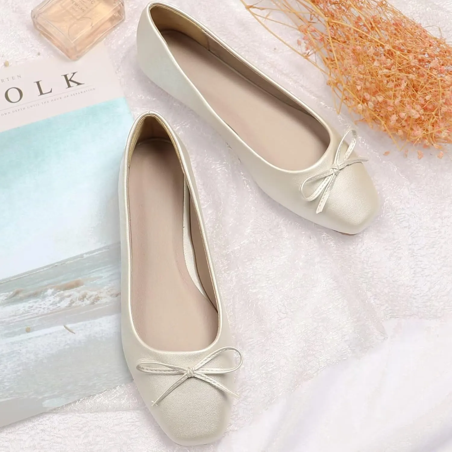 SAILING LU Women PU Leather Square Toe Ballets Flats Bowtie Slip on Comfortable Foldable Ballerian Flat Shoes
