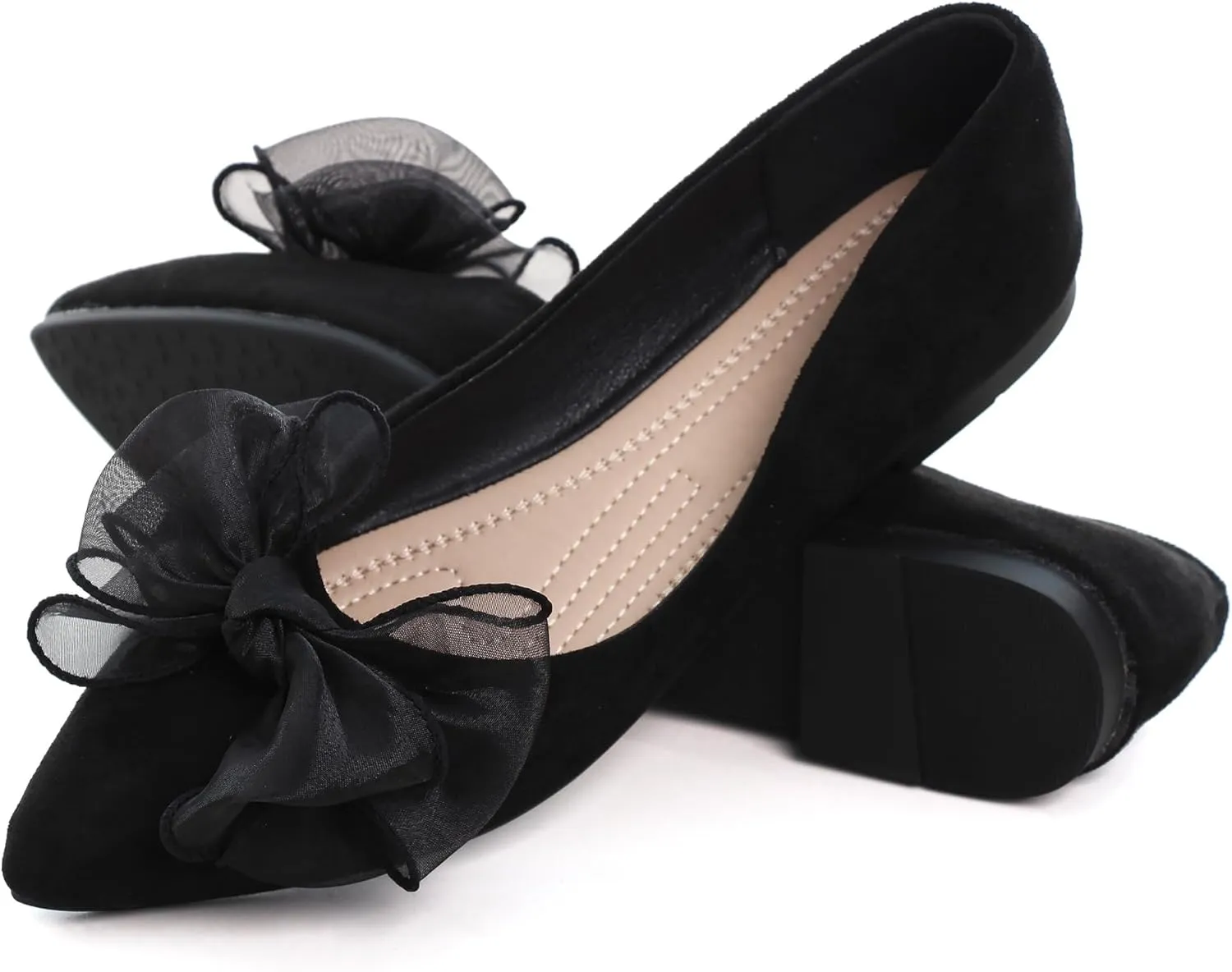 SAILING LU Womens Bow-Knot Ballet Flats Pointed Toe Low-Heel Shoes Suede Dress Shoes Slip On Moccasins
