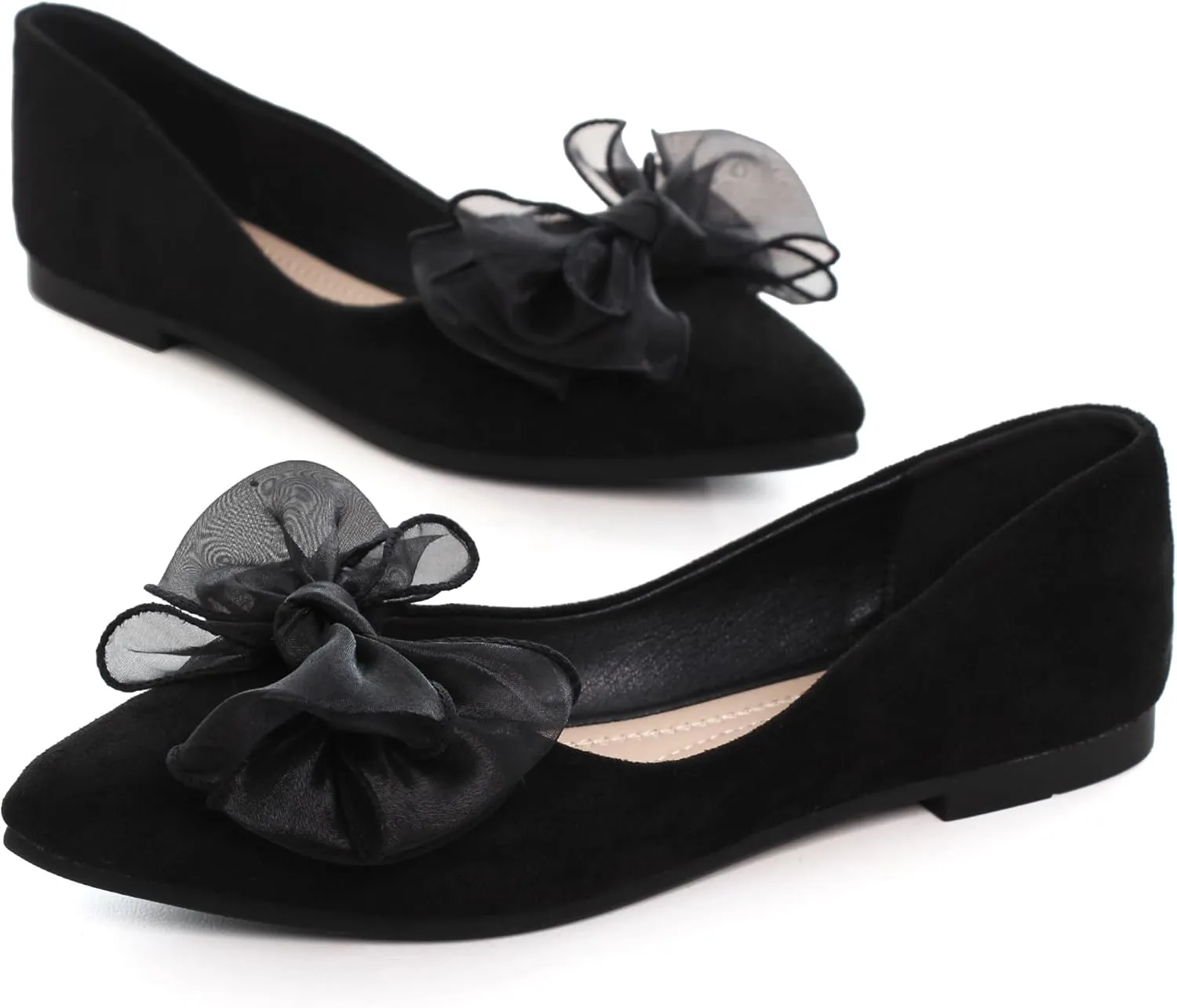 SAILING LU Womens Bow-Knot Ballet Flats Pointed Toe Low-Heel Shoes Suede Dress Shoes Slip On Moccasins