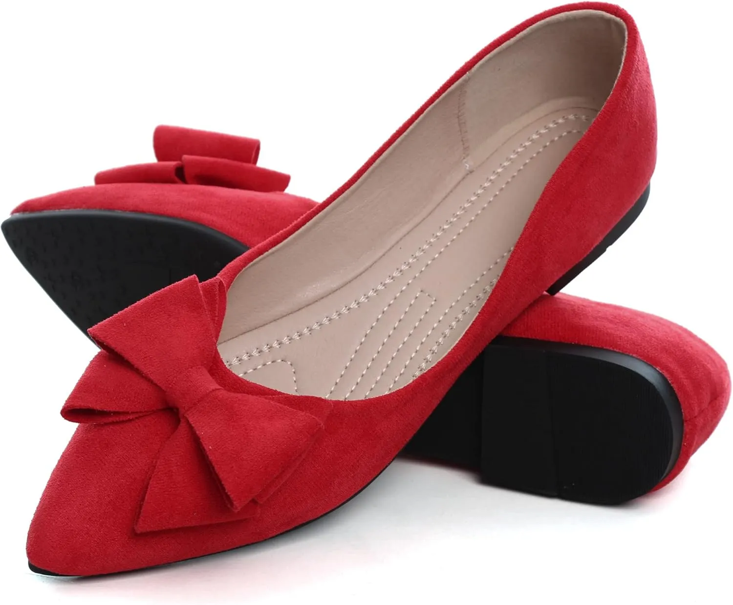 SAILING LU Womens Bow-Knot Ballet Flats Pointed Toe Low-Heel Shoes Suede Dress Shoes Slip On Moccasins