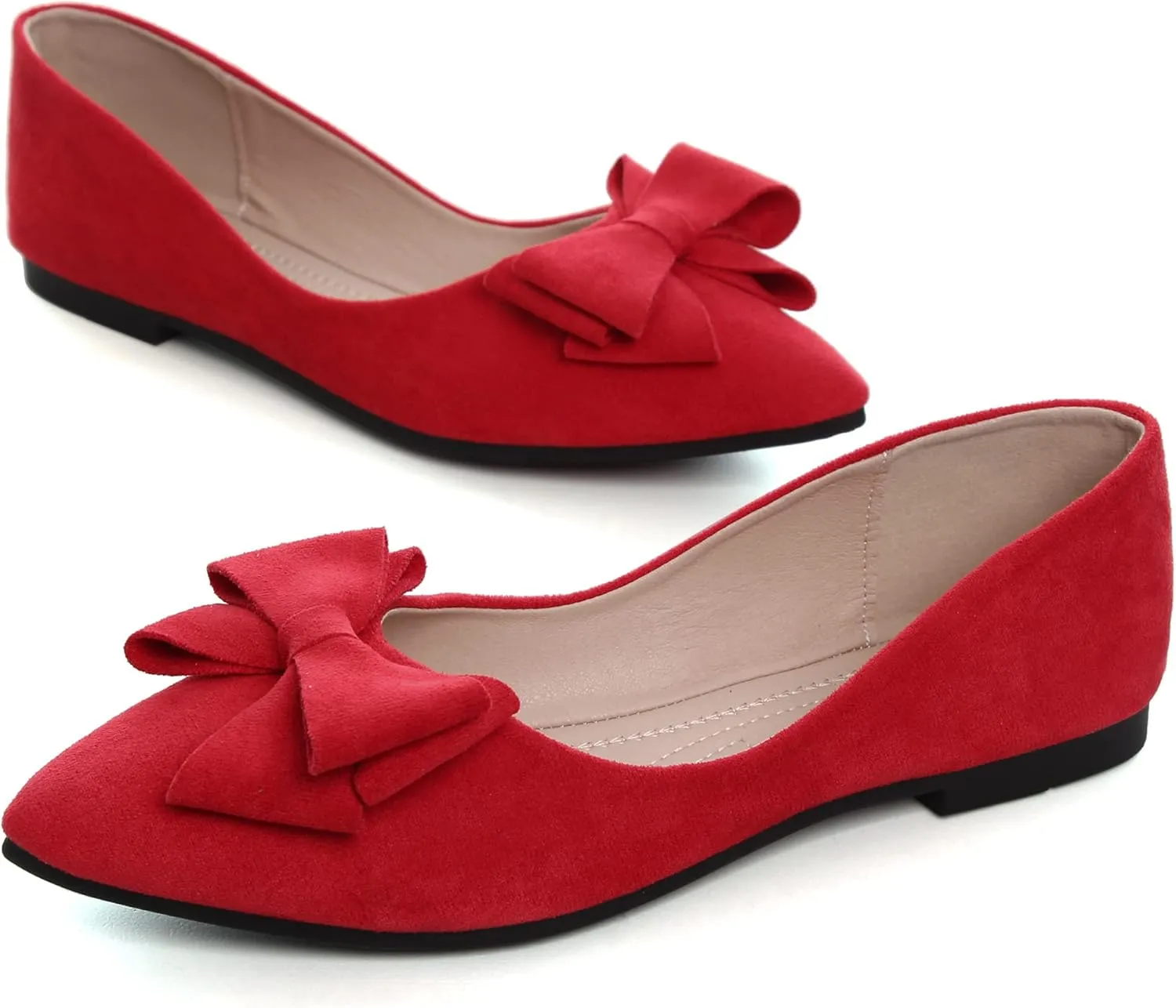 SAILING LU Womens Bow-Knot Ballet Flats Pointed Toe Low-Heel Shoes Suede Dress Shoes Slip On Moccasins