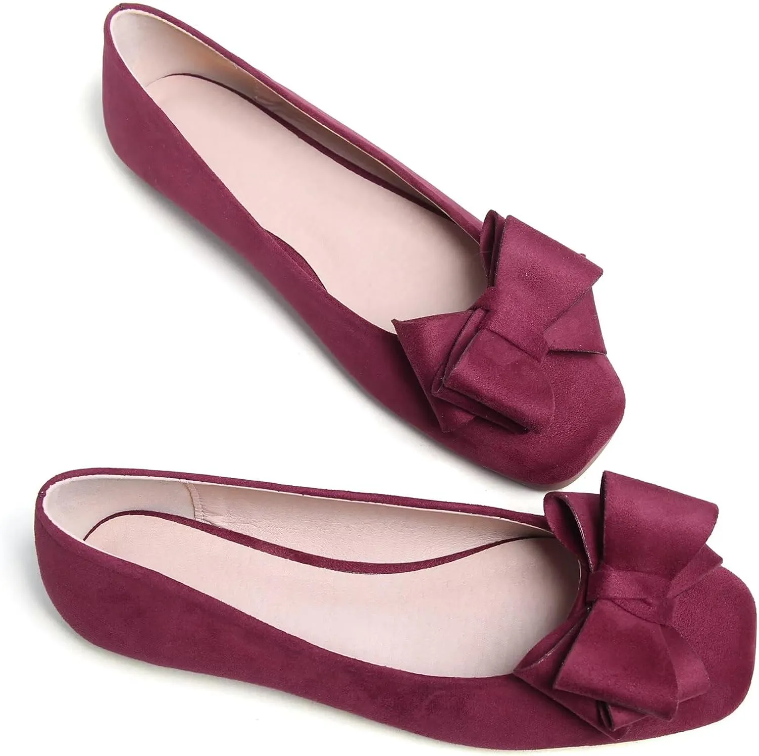 SAILING LU Women's Bow Knot Ballet Flats Square Toe Flat Shoes Suede Dress Shoes Wear to Work Slip On Moccasins