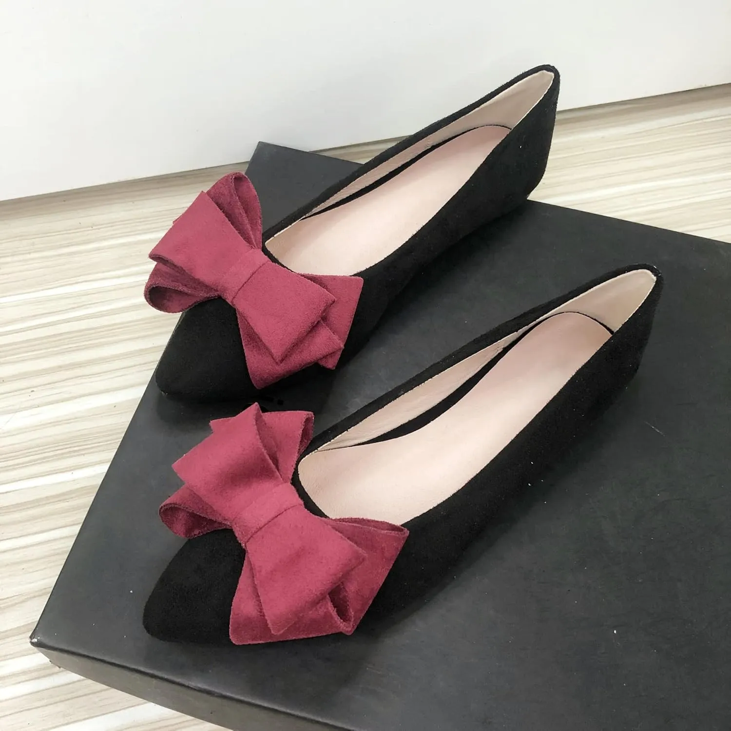 SAILING LU Womens Flats Shoes for Wedding Comfortable Pointy Toe Dress Loafers Bow-Knot Suede Dance Shoes for Party Slip On Moccasin