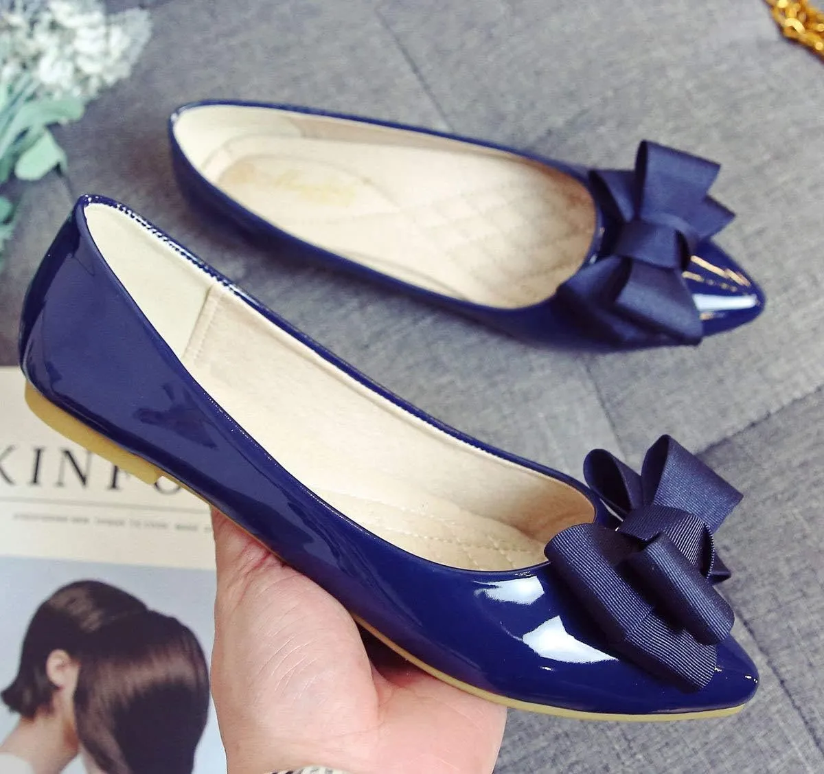 SAILING LU Womens Pointed Toe Shoes PU Ballet Flats Bow-Knot Dress Shoes Slip-on Comfortable Wear to Work Walking Flat Slip-ons