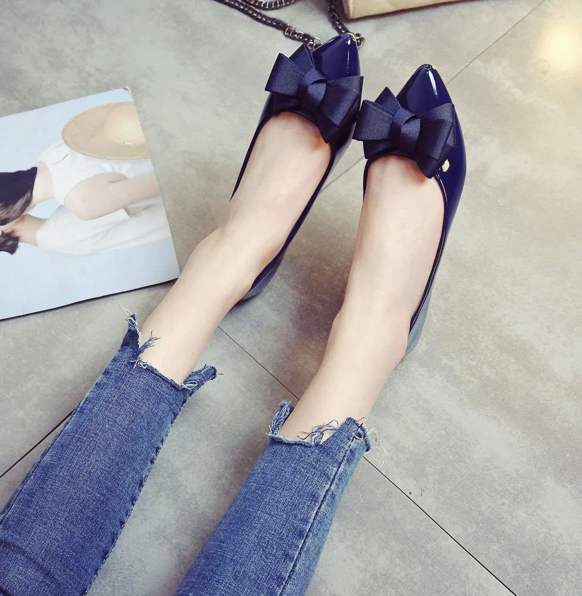 SAILING LU Womens Pointed Toe Shoes PU Ballet Flats Bow-Knot Dress Shoes Slip-on Comfortable Wear to Work Walking Flat Slip-ons