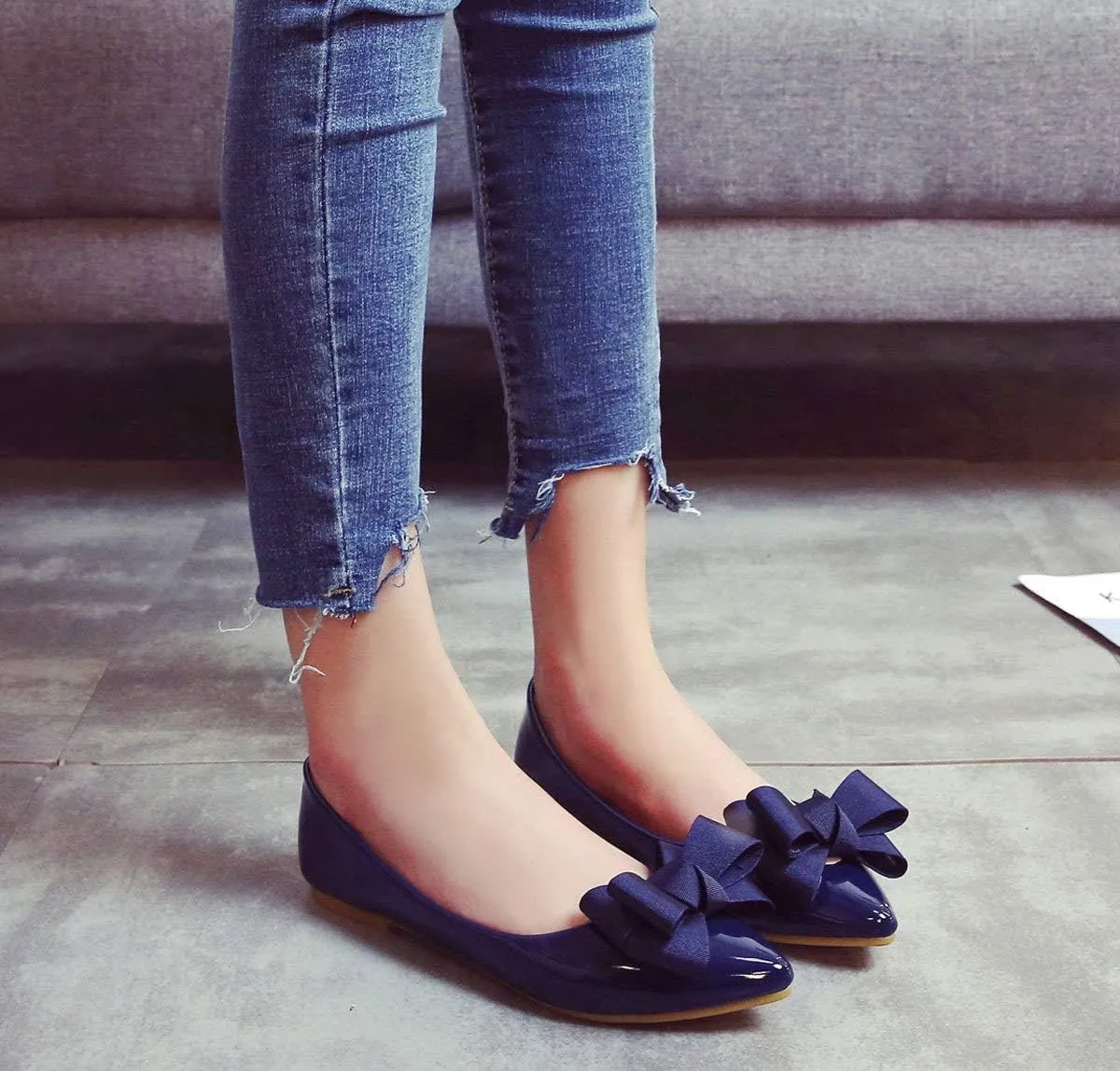 SAILING LU Womens Pointed Toe Shoes PU Ballet Flats Bow-Knot Dress Shoes Slip-on Comfortable Wear to Work Walking Flat Slip-ons