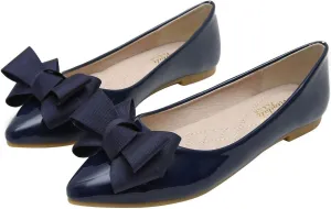 SAILING LU Womens Pointed Toe Shoes PU Ballet Flats Bow-Knot Dress Shoes Slip-on Comfortable Wear to Work Walking Flat Slip-ons