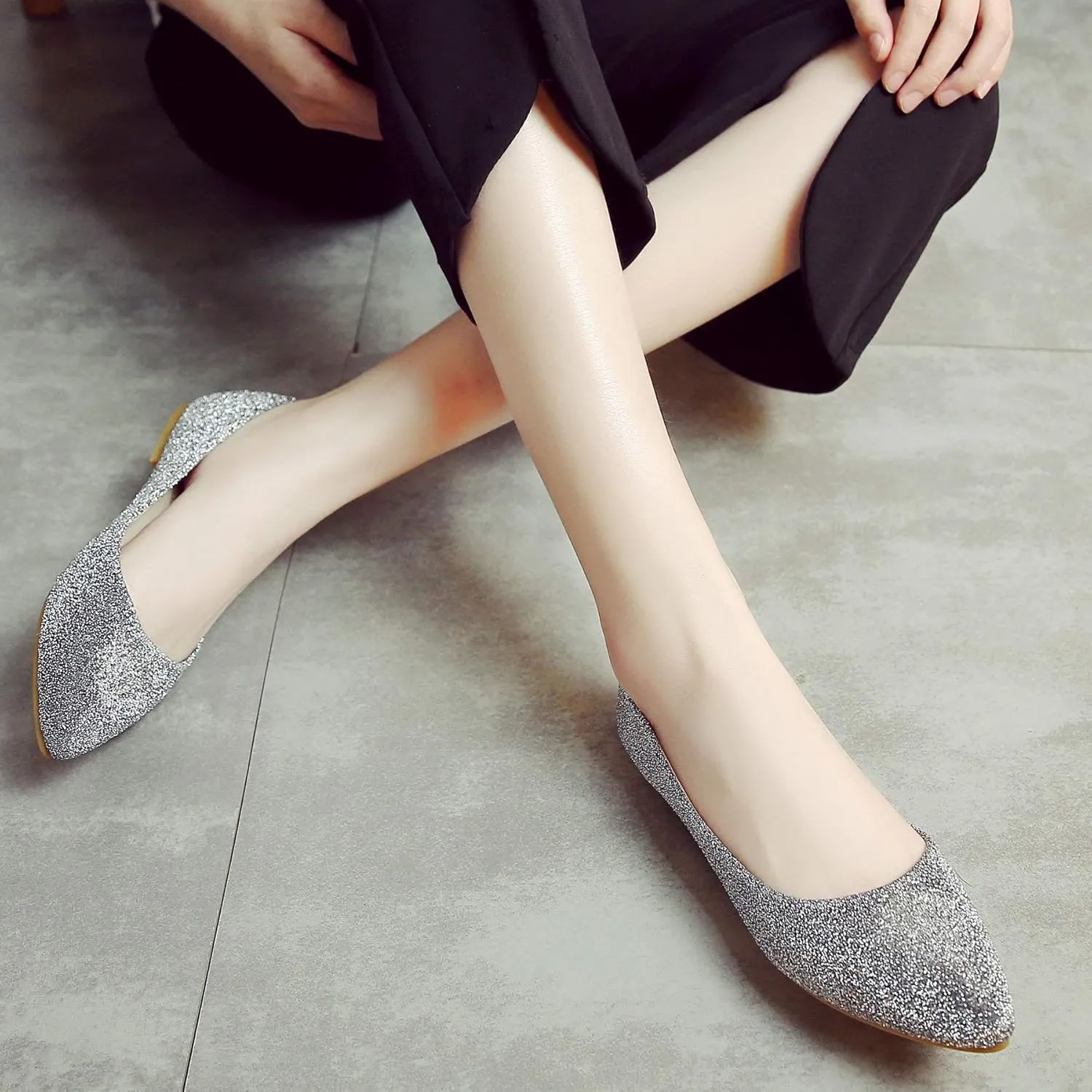 SAILING LU Women's Retro Sequins Dress Shoes Comfort Pointed Toe Ballet Flats Portable Holiday Shoes for Wedding Party