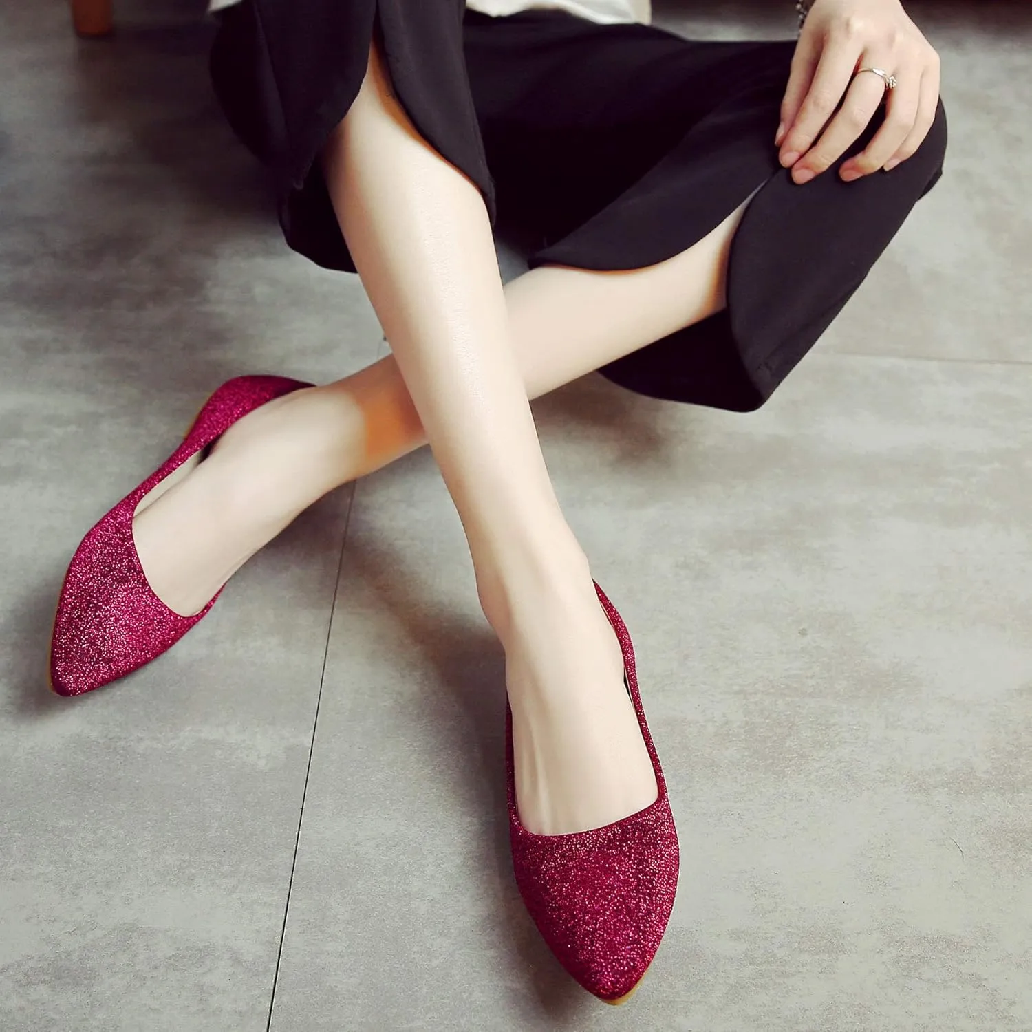 SAILING LU Women's Retro Sequins Dress Shoes Comfort Pointed Toe Ballet Flats Portable Holiday Shoes for Wedding Party