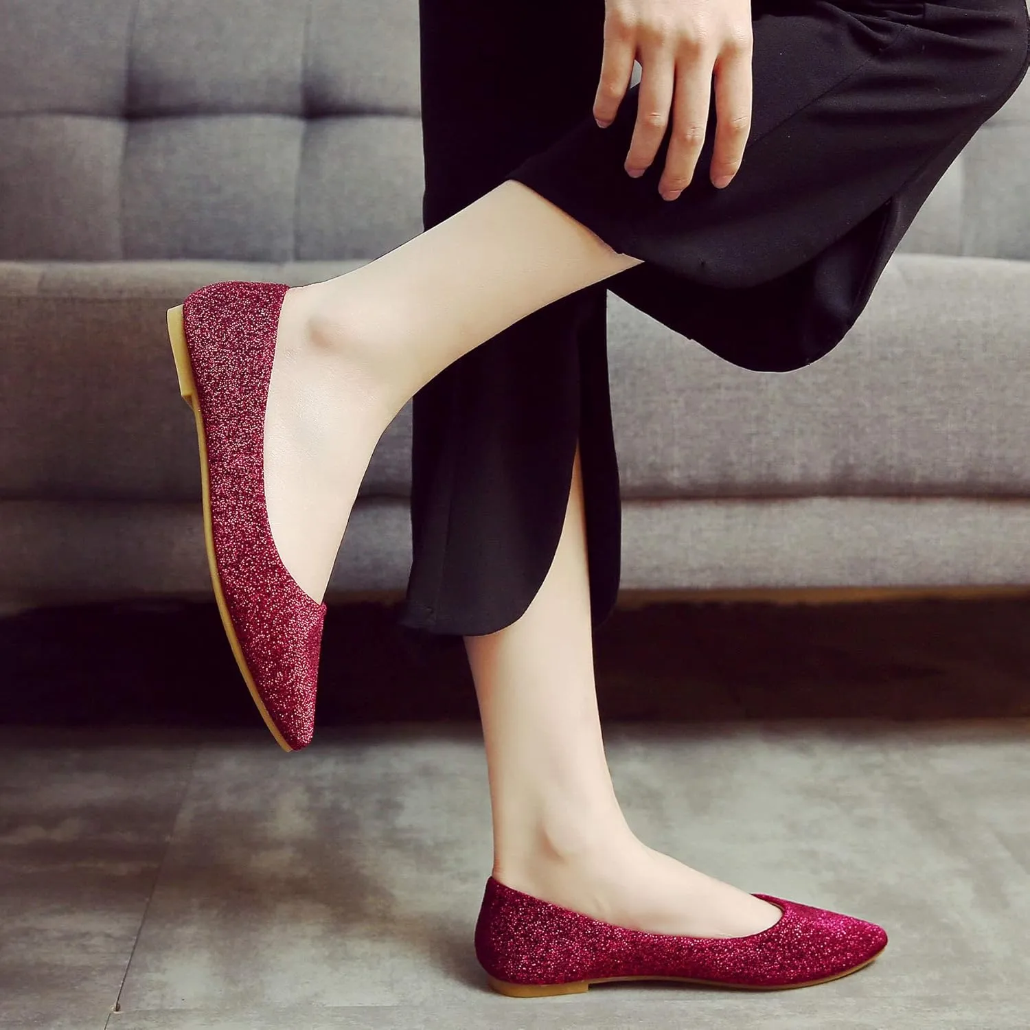 SAILING LU Women's Retro Sequins Dress Shoes Comfort Pointed Toe Ballet Flats Portable Holiday Shoes for Wedding Party