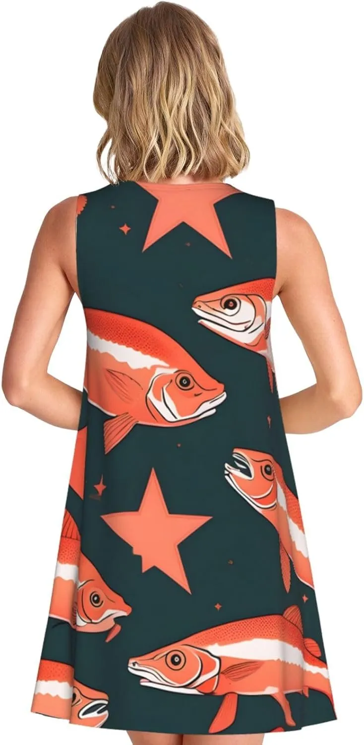 Salmon Print Women's Summer Dresses Beach Casual Sleeveless Floral Loose Sundress with Pocket