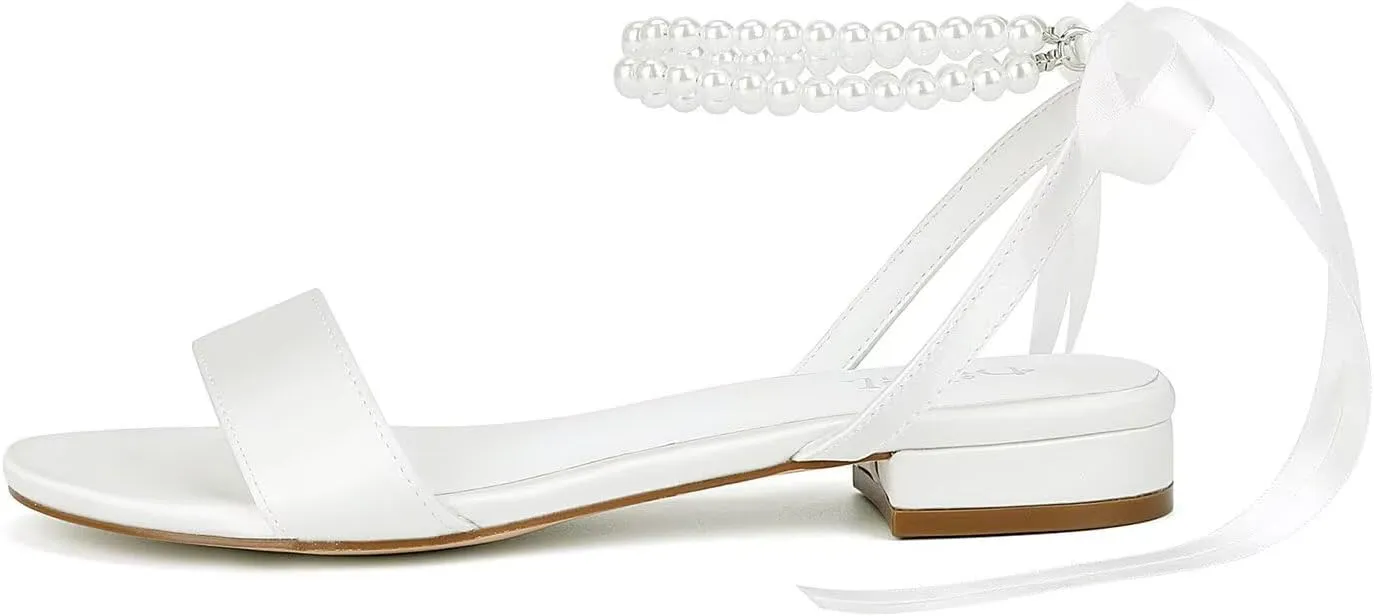 Satin Wedding Flats for Bride Pearl Sandals Open Toe Bridal Shoes Flat Wedding Shoes for Bride