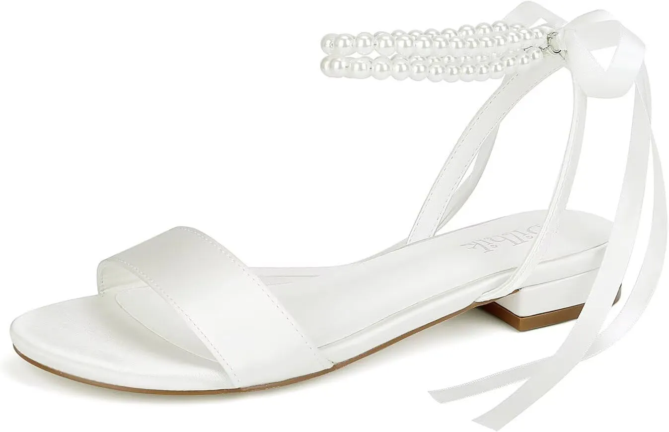 Satin Wedding Flats for Bride Pearl Sandals Open Toe Bridal Shoes Flat Wedding Shoes for Bride