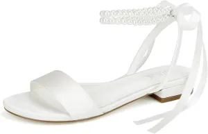 Satin Wedding Flats for Bride Pearl Sandals Open Toe Bridal Shoes Flat Wedding Shoes for Bride