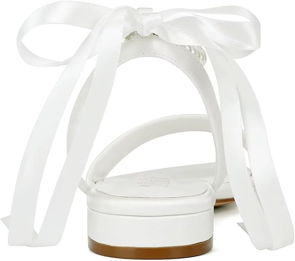 Satin Wedding Flats for Bride Pearl Sandals Open Toe Bridal Shoes Flat Wedding Shoes for Bride
