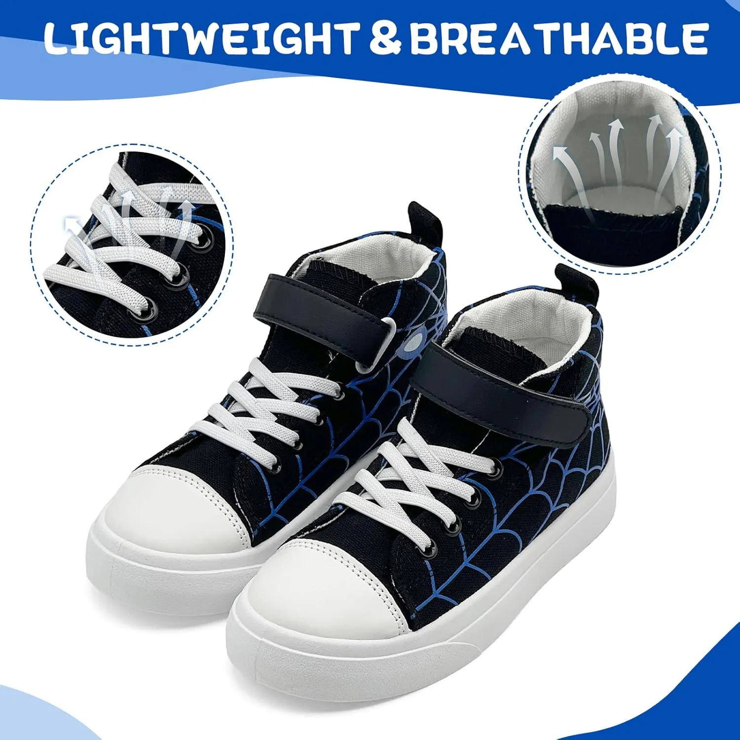 Sharllen Kid Canvas High Top Spider Sneakers Classic Adjustable Strap Lace up Shoes for Boys Girls Casual Tennis Kids Athletic Basketball Running Walking Shoes
