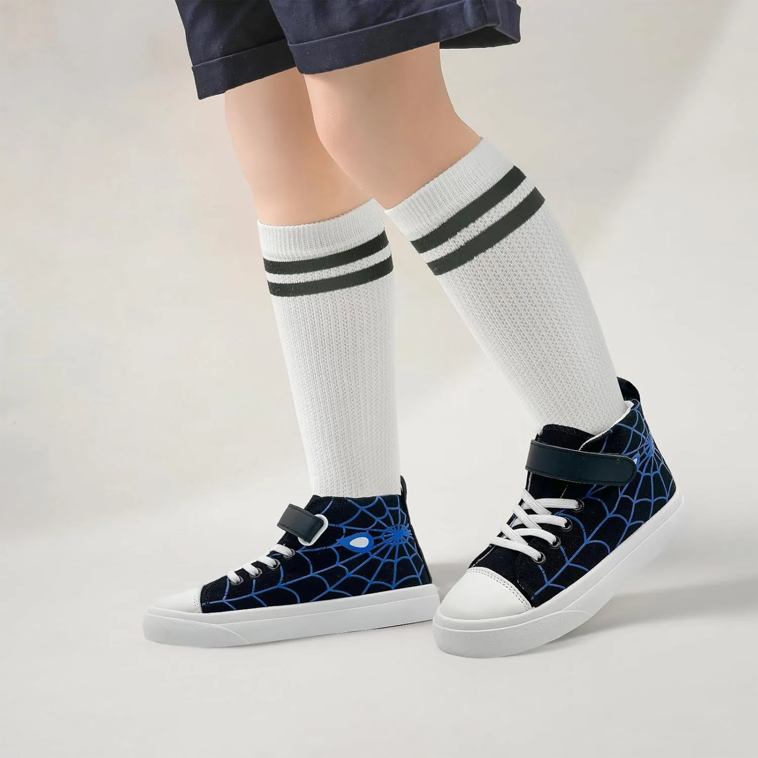 Sharllen Kid Canvas High Top Spider Sneakers Classic Adjustable Strap Lace up Shoes for Boys Girls Casual Tennis Kids Athletic Basketball Running Walking Shoes