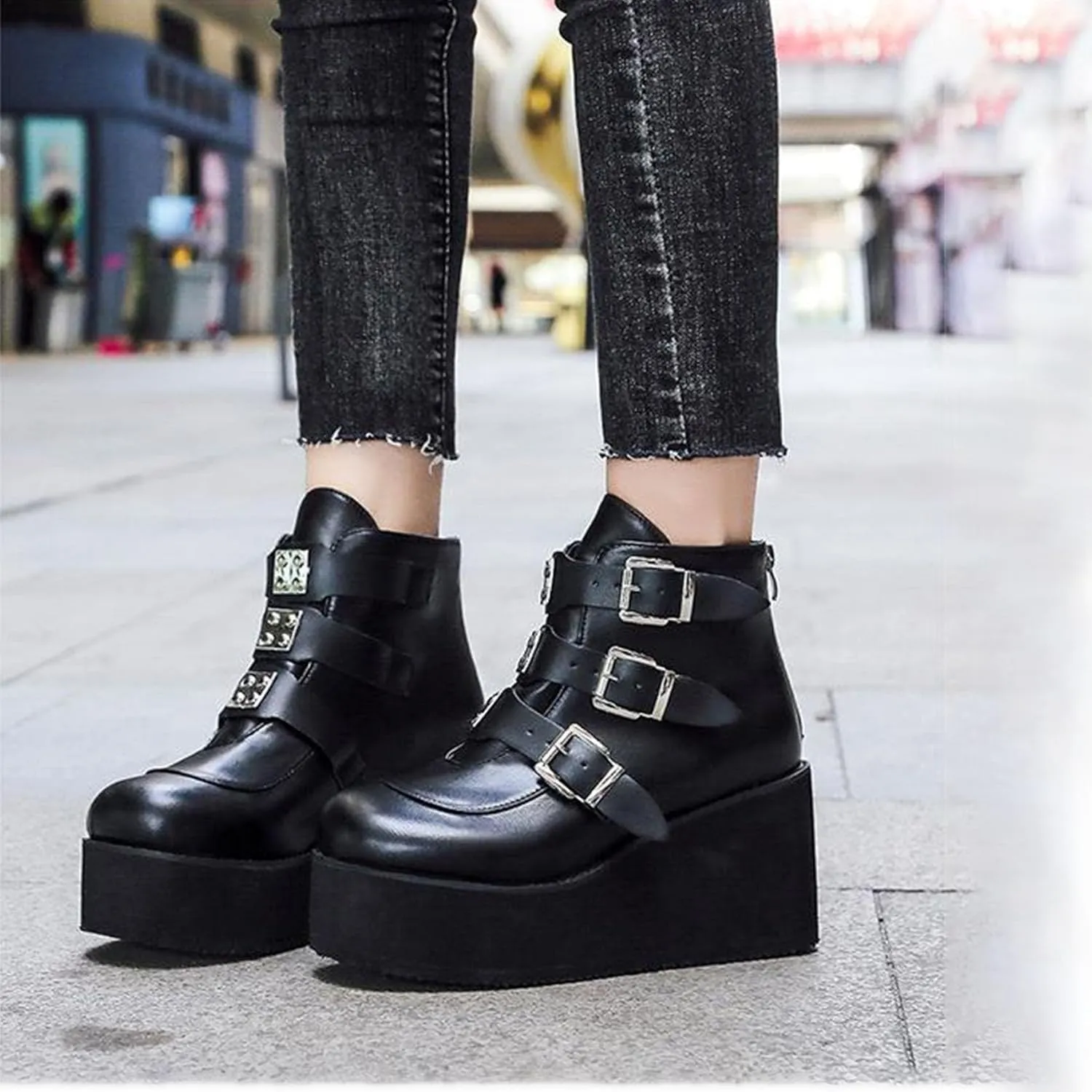 SHEMEE Women's Platform Chunky Ankle Boots Round Toe Zipper Wedges High Heels Rave Buckle Thick Sole Y2k Goth Booties