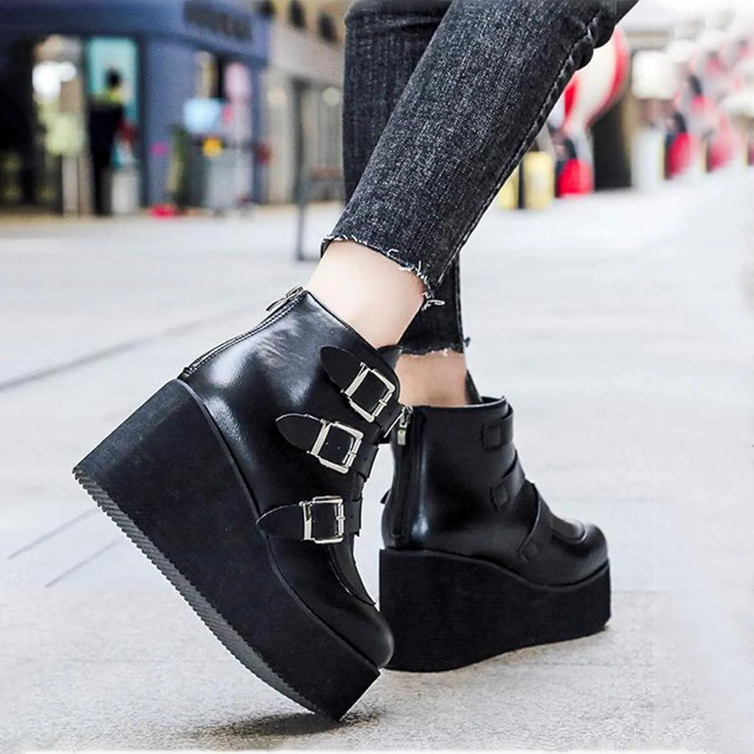 SHEMEE Women's Platform Chunky Ankle Boots Round Toe Zipper Wedges High Heels Rave Buckle Thick Sole Y2k Goth Booties