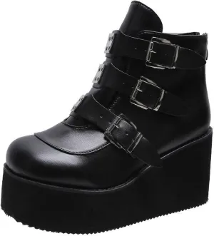 SHEMEE Women's Platform Chunky Ankle Boots Round Toe Zipper Wedges High Heels Rave Buckle Thick Sole Y2k Goth Booties