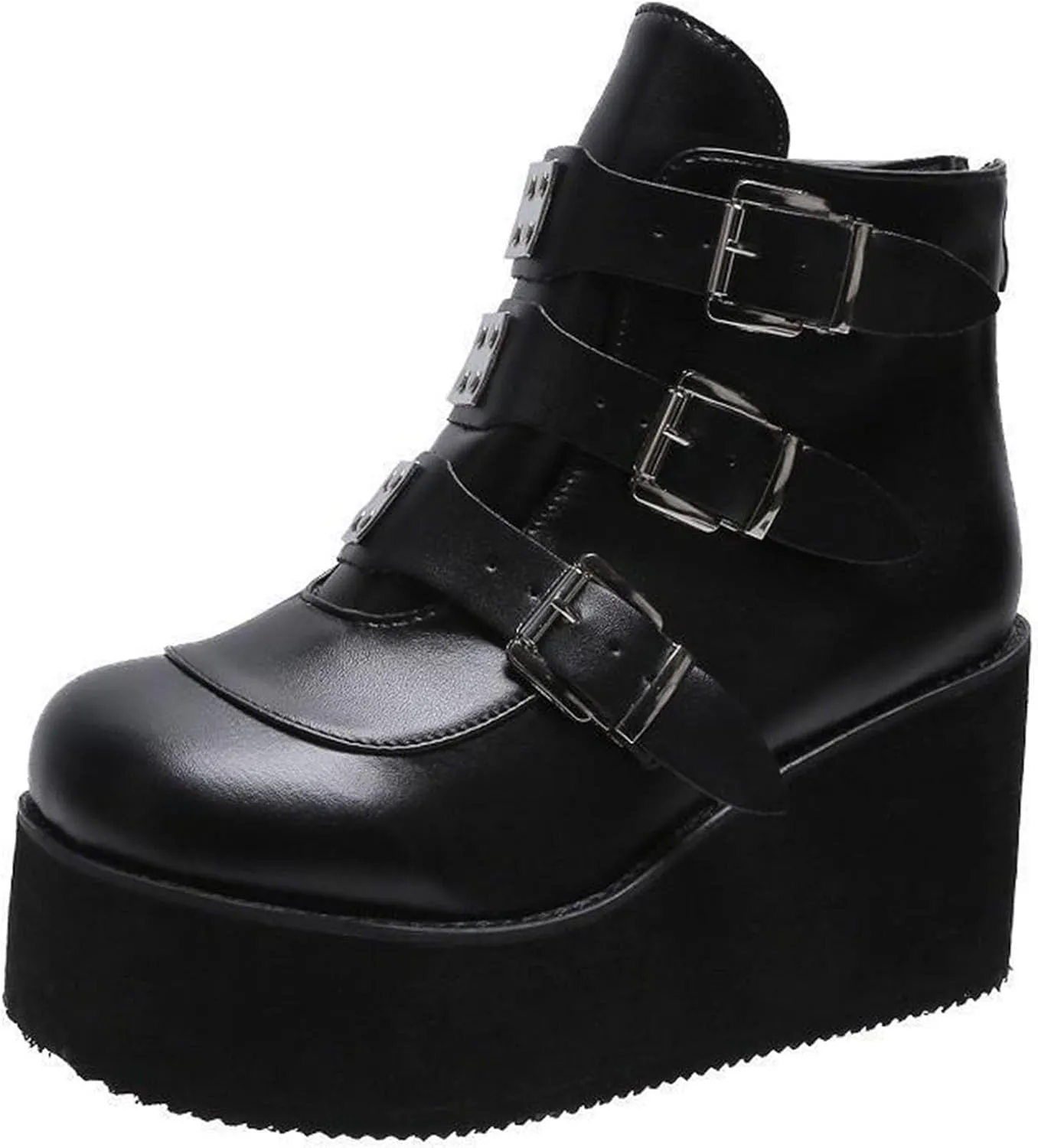 SHEMEE Women's Platform Chunky Ankle Boots Round Toe Zipper Wedges High Heels Rave Buckle Thick Sole Y2k Goth Booties