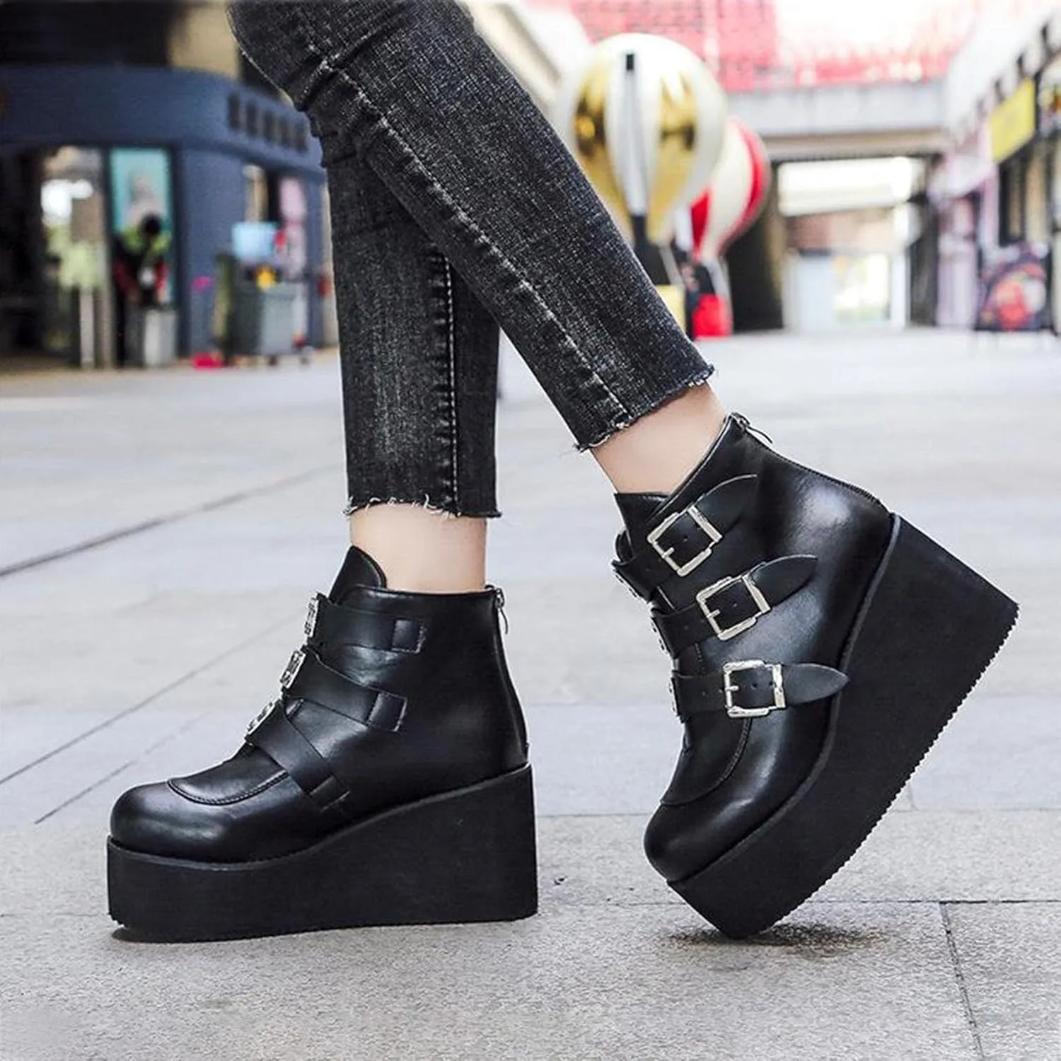 SHEMEE Women's Platform Chunky Ankle Boots Round Toe Zipper Wedges High Heels Rave Buckle Thick Sole Y2k Goth Booties