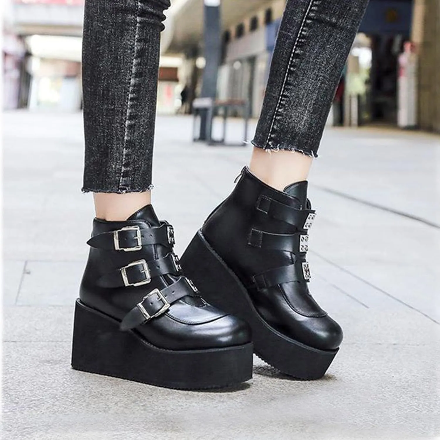 SHEMEE Women's Platform Chunky Ankle Boots Round Toe Zipper Wedges High Heels Rave Buckle Thick Sole Y2k Goth Booties