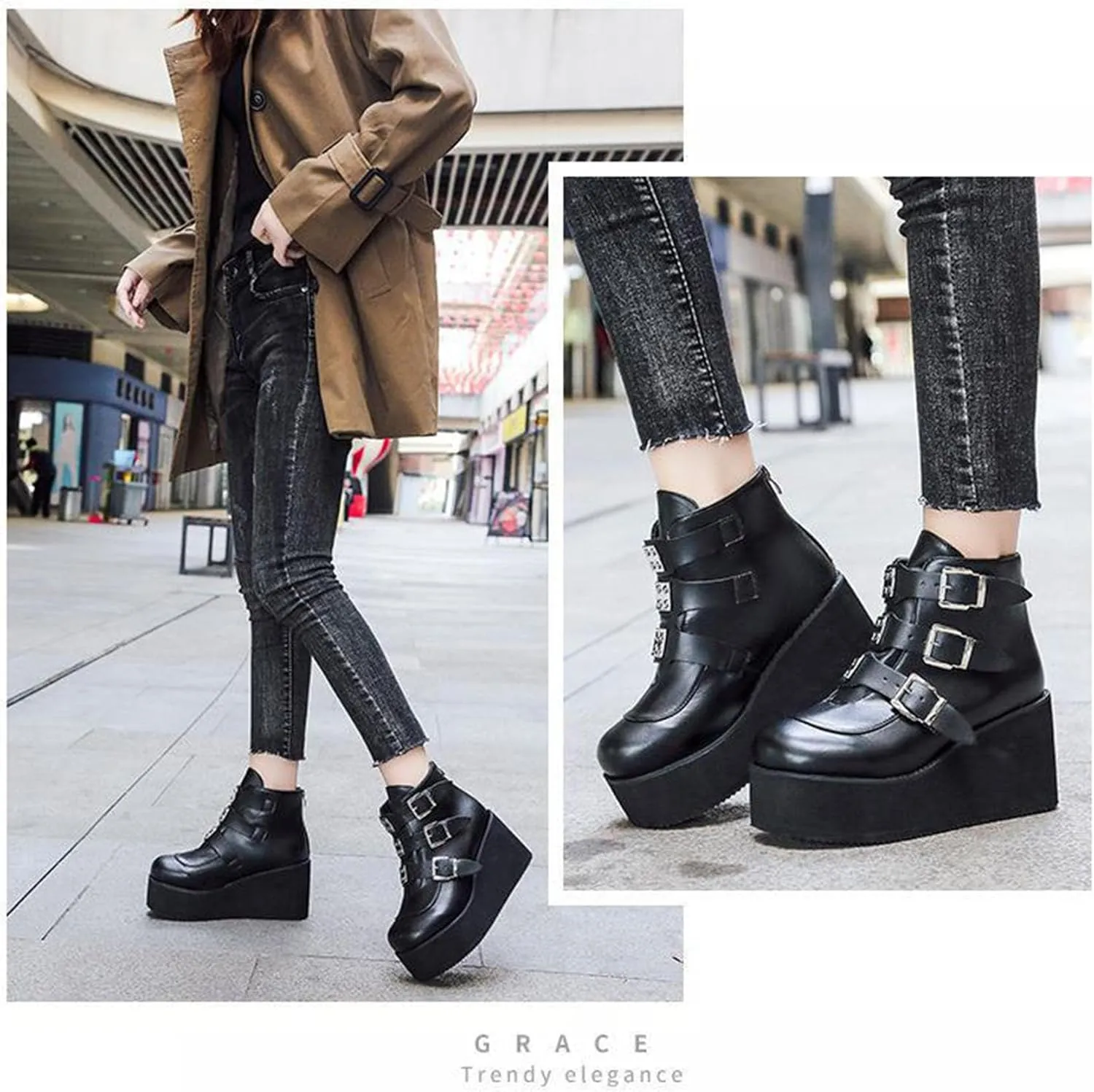 SHEMEE Women's Platform Chunky Ankle Boots Round Toe Zipper Wedges High Heels Rave Buckle Thick Sole Y2k Goth Booties