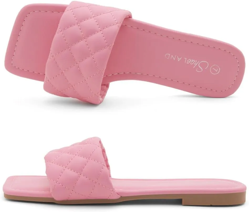 Shoe Land Women’s Flat Sandals – Quilted One-Band Fashion Slides with Square Open Toe & Comfort Footbed | Dressy Casual Slip-On Sandals for Summer, Travel & Daily Wear
