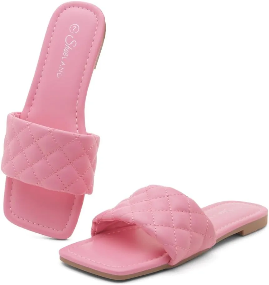 Shoe Land Women’s Flat Sandals – Quilted One-Band Fashion Slides with Square Open Toe & Comfort Footbed | Dressy Casual Slip-On Sandals for Summer, Travel & Daily Wear