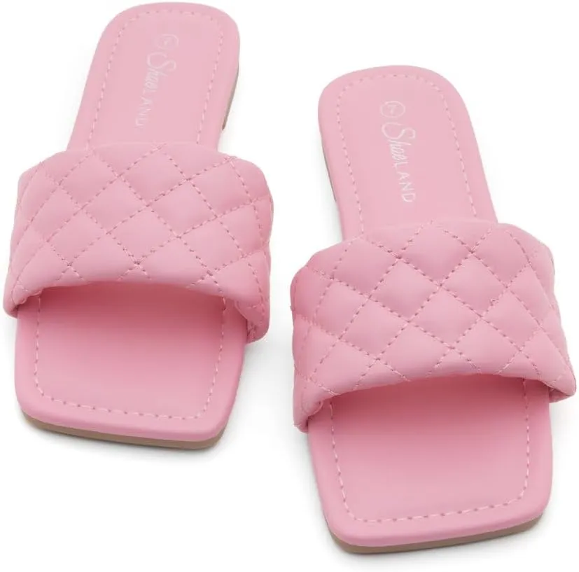 Shoe Land Women’s Flat Sandals – Quilted One-Band Fashion Slides with Square Open Toe & Comfort Footbed | Dressy Casual Slip-On Sandals for Summer, Travel & Daily Wear