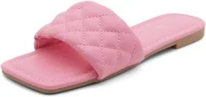 Shoe Land Women’s Flat Sandals – Quilted One-Band Fashion Slides with Square Open Toe & Comfort Footbed | Dressy Casual Slip-On Sandals for Summer, Travel & Daily Wear