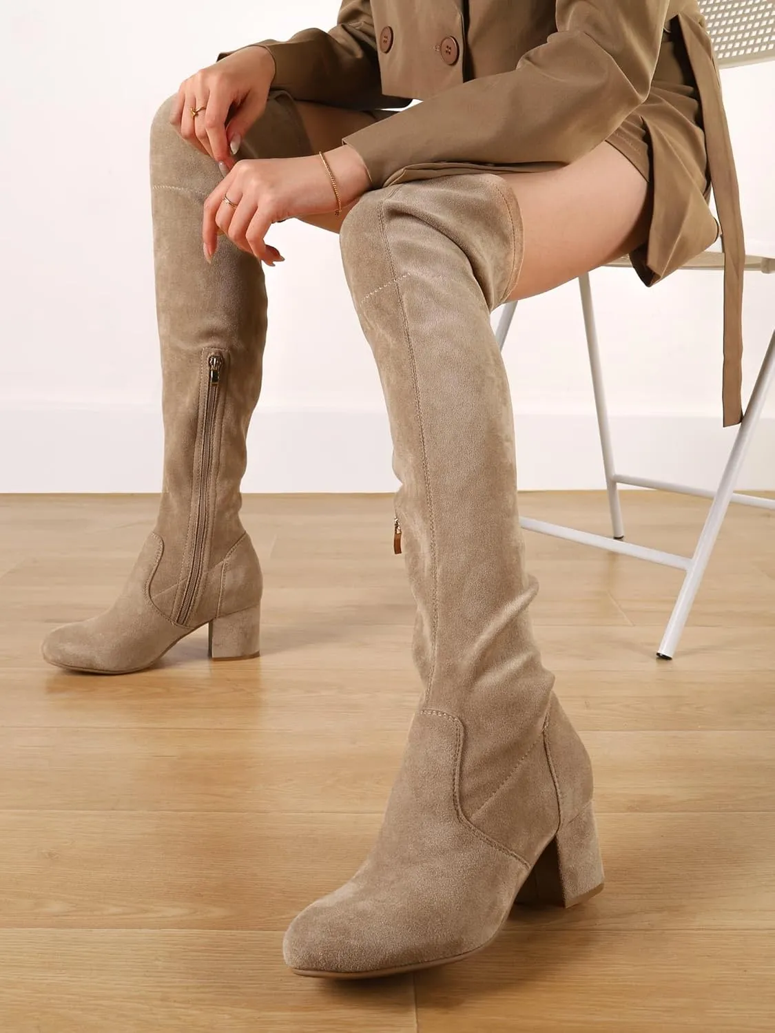Shoe'N Tale Women Stretch Suede Chunky Block Heel Thigh High Over The Knee Boots
