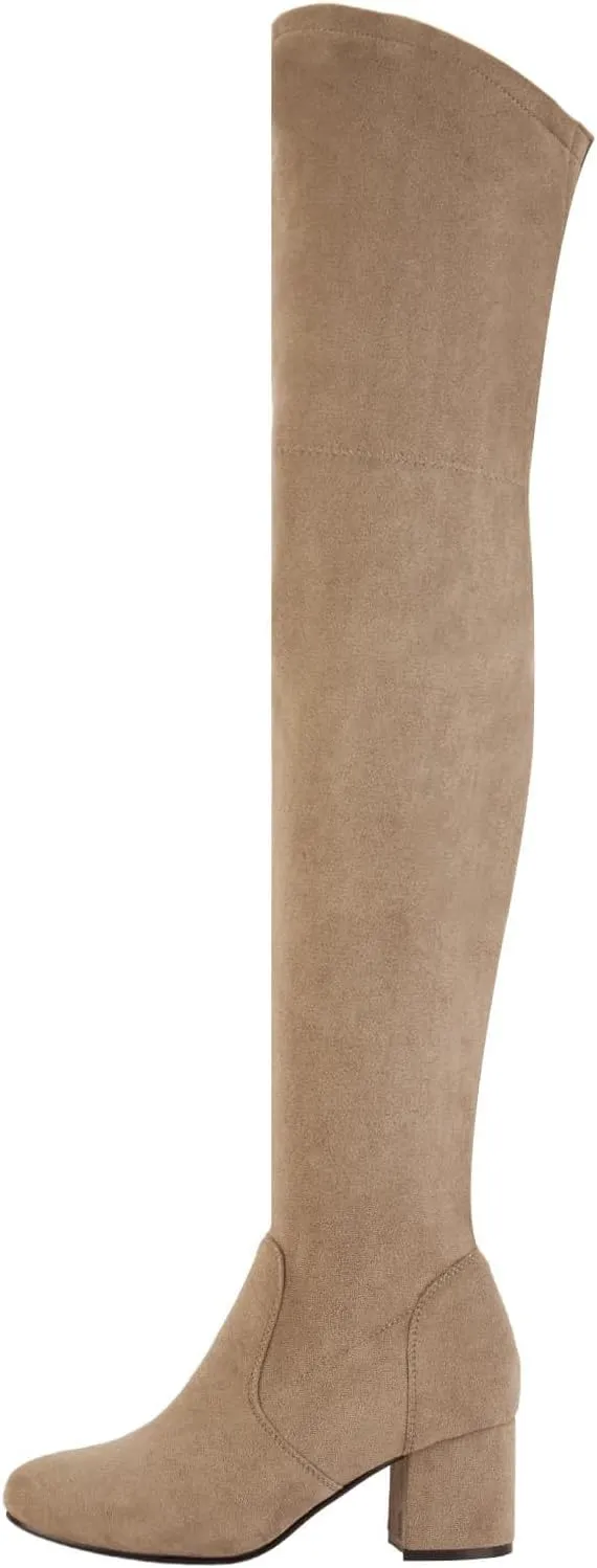 Shoe'N Tale Women Stretch Suede Chunky Block Heel Thigh High Over The Knee Boots