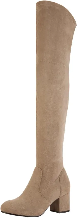 Shoe'N Tale Women Stretch Suede Chunky Block Heel Thigh High Over The Knee Boots