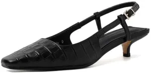 SIFINELAR Women’s Black Almond Toe Vegan Leather Kitten Heel Slingback Sandals