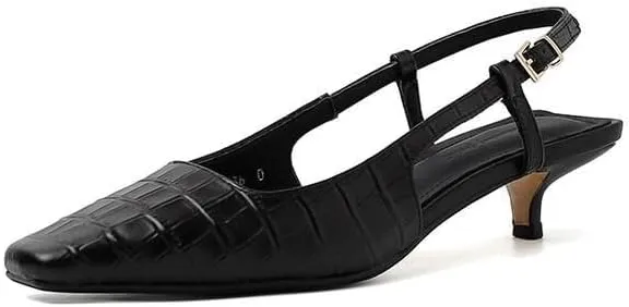 SIFINELAR Women’s Black Almond Toe Vegan Leather Kitten Heel Slingback Sandals