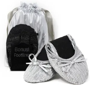 Silky Toes Women's Foldable Sequin Shoes Dressy Ballet Flats Roll Up Slipper Shoe with Matching Carrying Pouch