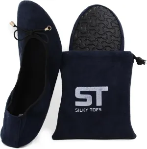 Silky Toes Women’s Velvet Foldable Ballet Flats Slip On Travel Purse Shoes with Carrying Pouch