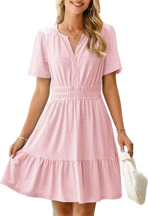 Simplee Womens 2025 Summer Mini Dress Eyelet Short Sleeve Cocktail Short Dresses Cute A Line Sun Dress with Pockets
