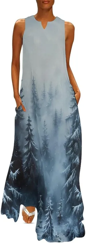 Snowfall with Mist Over Pine Trees Sleeveless Dress for Women Ankle Long Loose Maxi Sundress with Pockets