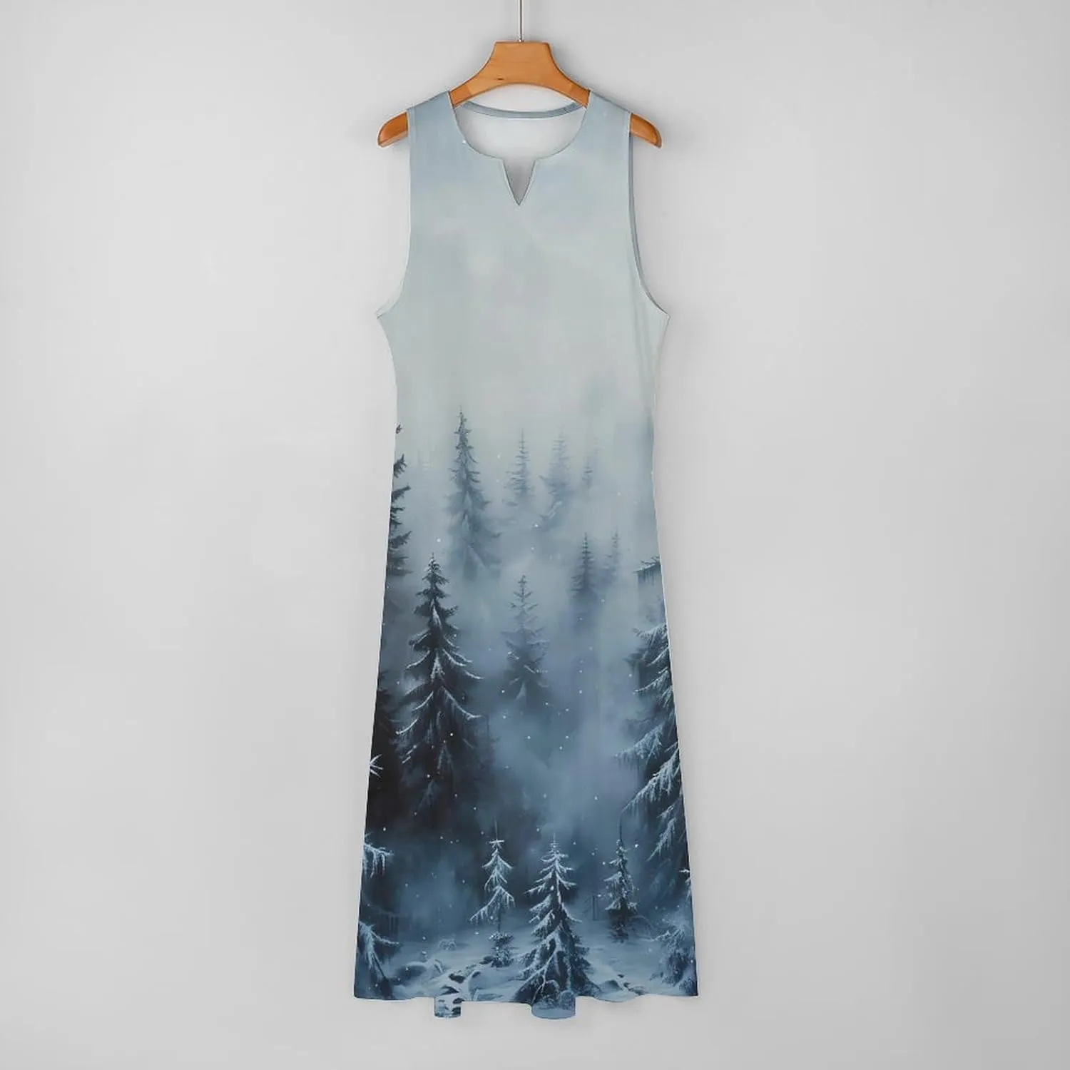 Snowfall with Mist Over Pine Trees Sleeveless Dress for Women Ankle Long Loose Maxi Sundress with Pockets