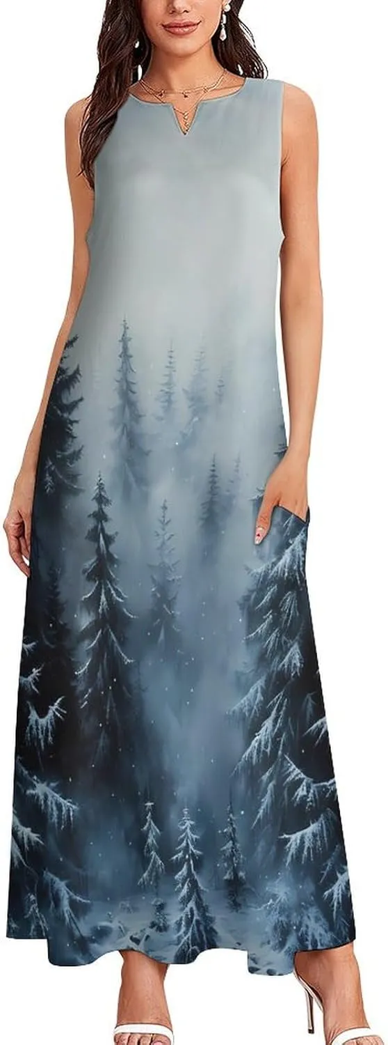 Snowfall with Mist Over Pine Trees Sleeveless Dress for Women Ankle Long Loose Maxi Sundress with Pockets