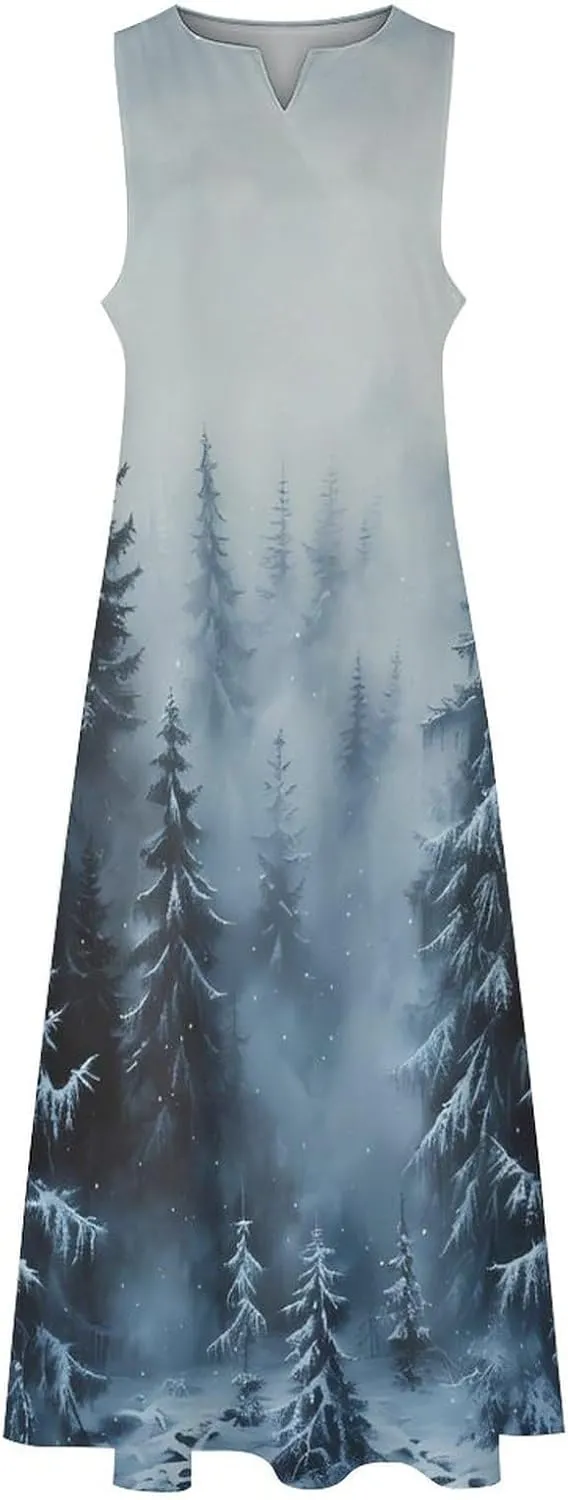Snowfall with Mist Over Pine Trees Sleeveless Dress for Women Ankle Long Loose Maxi Sundress with Pockets