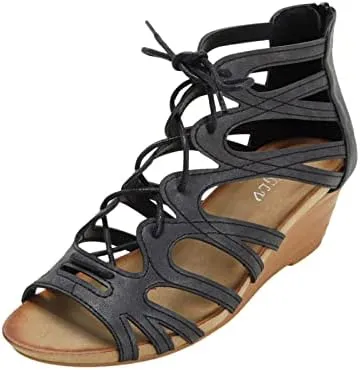SOLPNOW Women'S Open Toe Wedge Gladiator Sandals,Lace-Up Back Zip Roman Sandals,Orthopedic Arch Support Adjustable Summer Sandals
