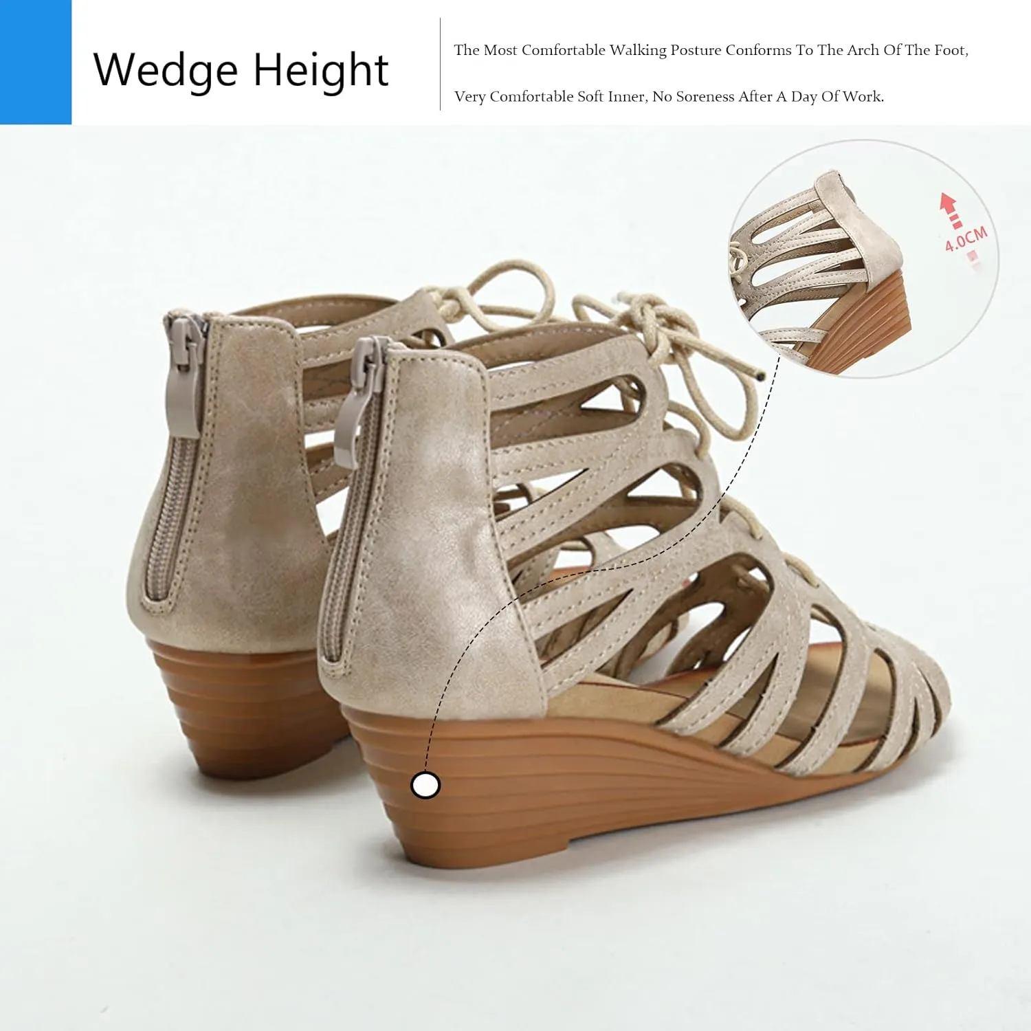 SOLPNOW Women'S Open Toe Wedge Gladiator Sandals,Lace-Up Back Zip Roman Sandals,Orthopedic Arch Support Adjustable Summer Sandals