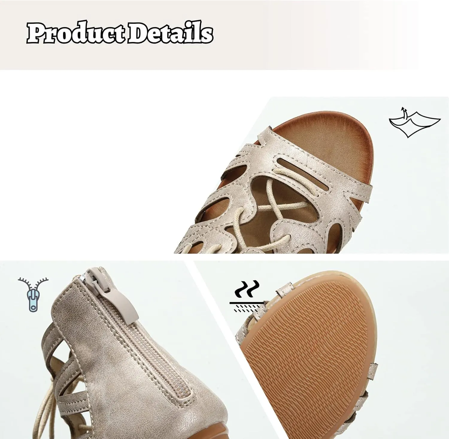 SOLPNOW Women'S Open Toe Wedge Gladiator Sandals,Lace-Up Back Zip Roman Sandals,Orthopedic Arch Support Adjustable Summer Sandals