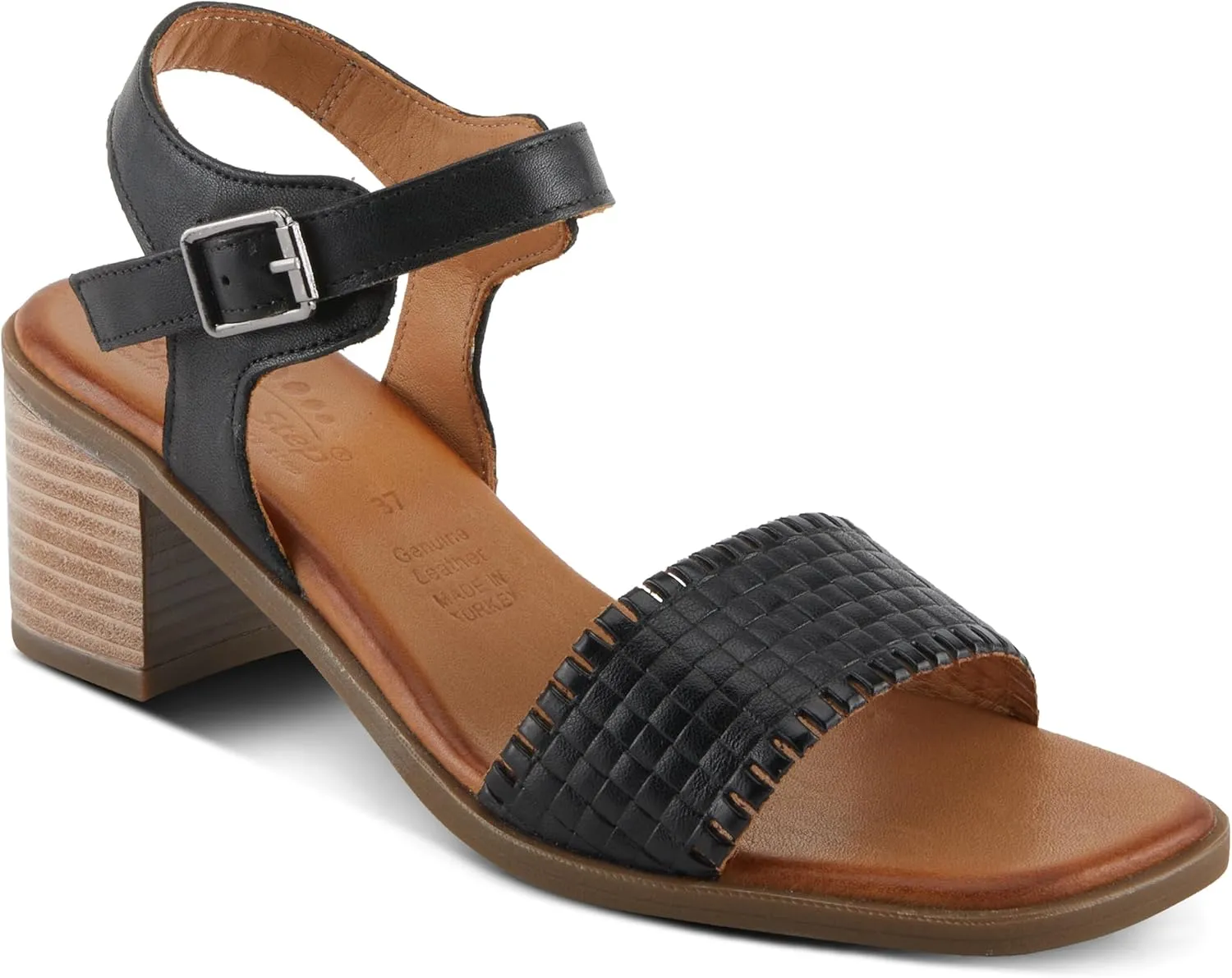 Spring Step NIFONA Women's Embossed Leather Sandals with Cushioned Footbed and Stacked Heel
